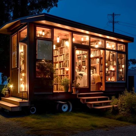 Backyard Library Shed, Camper Library, She Shed Library Ideas, Backyard Library, Shed Library, Bookmobile Ideas, Book Shed, Mobile Bookstore, Library Exterior