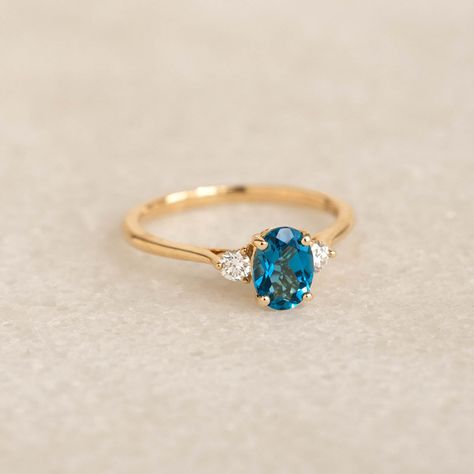 London Blue Topaz and Diamond Ring 14k Gold - Kindra Puffy Heart Necklace, London Blue Topaz Engagement Rings, Topaz And Diamond Ring, Cathedral Setting, Traditional Engagement Rings, Mother Jewelry, Diamond Birthstone, Blue Topaz Gemstone, London Blue Topaz Ring