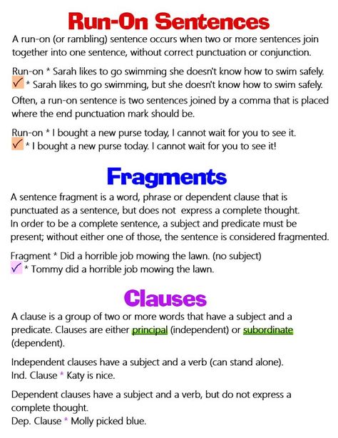 Sentence Fragments, Run On, Run On Sentences, Study English Language, Writing Station, English Teaching Resources, Homeschool Writing, English Language Learning Grammar, Learning English For Kids