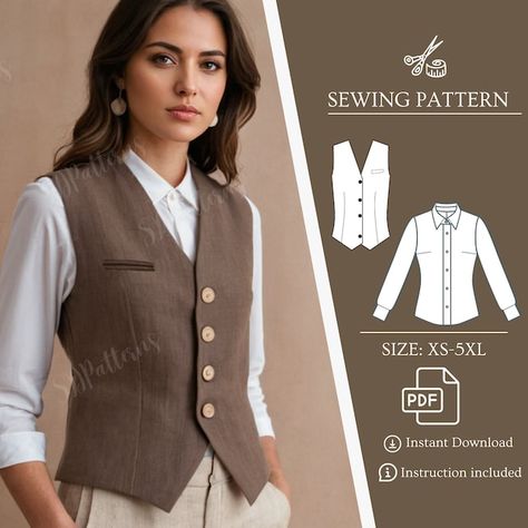 SDPatterns - Etsy Suits For Women Pattern, Ladies Vest Pattern Sewing, Suit Vest Sewing Pattern, Women’s Vest Sewing Patterns, Vest Sewing Pattern Womens, Women's Shirt Patterns Free Sewing, Sewing A Vest, Sewing Vest Pattern, Chest Binder Sewing Pattern