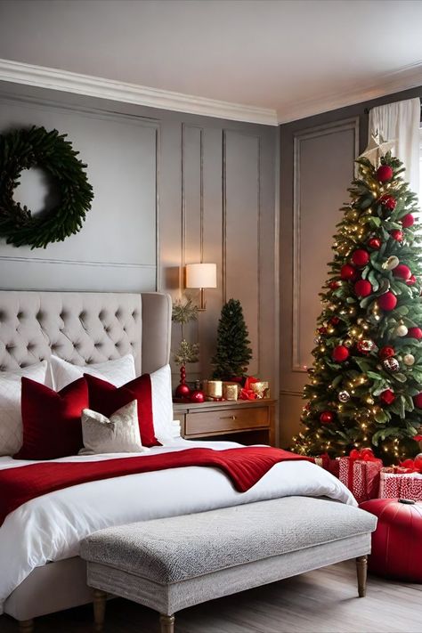 #whitechristmas #whitetree #whitechristmastree #christmasdecoration Christmas Apt Decorating, Classic Red And White Christmas Decor, Red Christmas Living Room Decor, Modern Red Christmas Decor, Christmas Decor Bedroom Ideas, Christmas Bedroom Aesthetic, Xmas Bedroom, Christmas Decor Red, Christmas Bedroom Decor