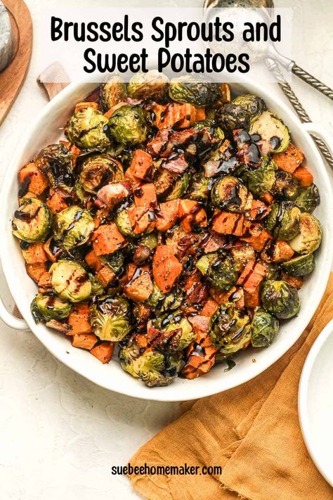 Brussel Sprouts And Sweet Potato Recipe, Sweet Potatoes With Bacon, Brussels Sprouts And Sweet Potatoes, Honey Brussel Sprouts, Glazed Brussels Sprouts, Sweet Potato Bacon, Sprouting Sweet Potatoes, Potatoes With Bacon, Ricotta Crostini