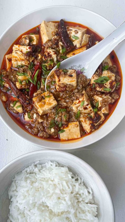 Vegan Mapo Tofu - The Foodie Takes Flight Protein Entrees, Tofu Spicy, Mapo Tofu, Sichuan Pepper, Tofu Dishes, Vegan Asian, Vegan Beans, Bulk Food, Vegan Kitchen