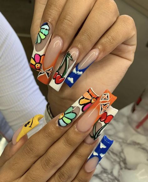 Graphic Design Nails, Hypebeast Nails, Student Challenges, Graphic Nails, Long Acrylic Nail Designs, Colored Acrylic Nails, Glow Nails, Exotic Nails, Design Nails