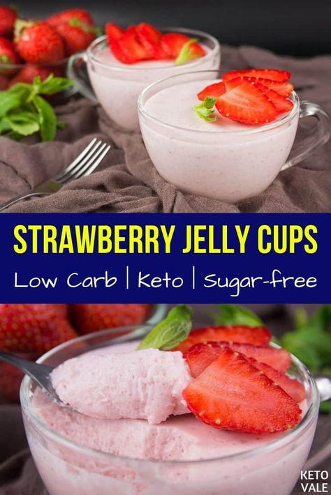 Looking for a keto-friendly dessert? Try this Strawberry Creamy Jelly Cups #ketodessert #ketojellycups #jelly #lowcarbdessert #sugarfreedessert Keto Jelly Dessert, Jelly And Yoghurt Dessert, Jelly Recipes Desserts, Healthy Jelly, Sugar Free Desserts Easy, Yogurt Benefits, Strawberry Things, Jelly Desserts, Jelly Cups