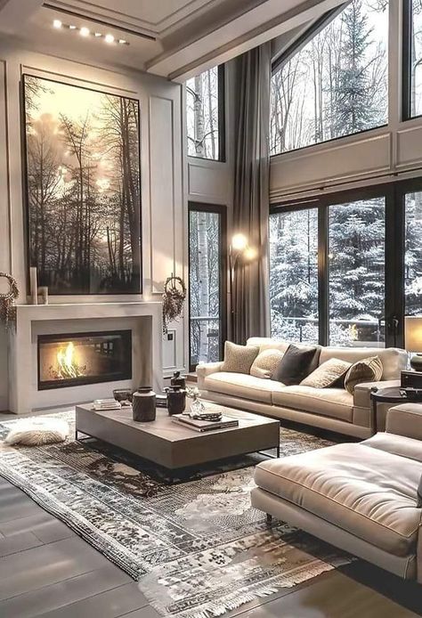 Fireplace In Tall Living Room, Living Room With Tall Windows, Large Tall Wall Decor Living Room, Tall Windows Living Room High Ceilings, Black White And Beige Living Room, Bosnia Pyramid, 2 Story Living Room, Tall Ceiling Living Room, Winter Hotel