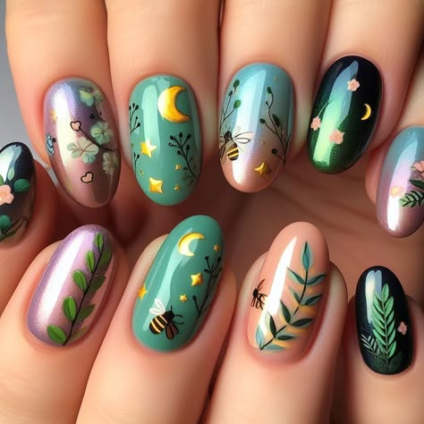 Cute Mix Match Nails, Earth Day Nails Design, Spring Witchy Nails, Short Mystical Nails, Forest Witch Nails, Beltane Nails, Pixie Nails Design, Witchy Spring Nails, Summer Solstice Nails