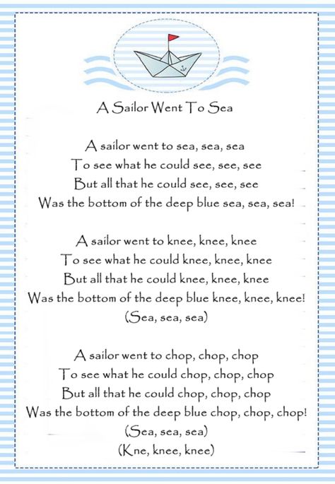 A Sailor Went To Sea Boat Songs For Preschool, A Sailor Went To Sea Song, Ocean Songs For Preschool, Pirate Storytime, Craft Ideas For Infants, Circle Songs, Sea Poems, Pirate Songs, Pirate Preschool