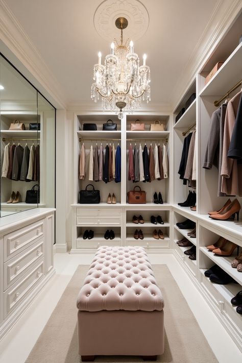 A luxurious walk-in closet with custom shelves, elegant lighting, and a perfectly organized wardrobe. 👠✨ The ultimate space to store and showcase your fashion collection. Save for future home inspiration! #ClosetInspo #LuxuryLiving #FashionStorage Luxurious Walk In Closet, Organized Wardrobe, Custom Shelves, Perfectly Organized, Organized Storage, Elegant Lighting, Walk In Closet, Home Designs, Luxury Living