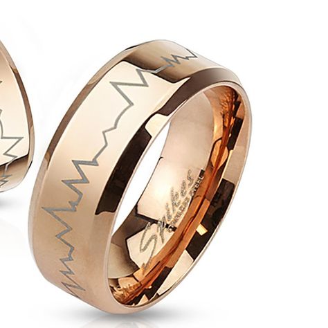 Heartbeat Laser Etched Stainless Steel Rose Gold IP Band Ring #AD Heart Beat Ring, Black Ring Box, Promise Ring Band, Heartbeat Line, Gold Band Wedding Ring, Promise Rings For Him, Wedding Ring For Him, Ring Rosegold, Wedding Rings Rose Gold