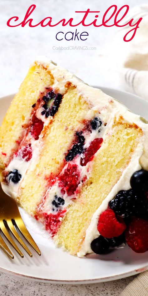 Chantilly Cake Recipe, Berry Chantilly Cake, Chantilly Cake, Cake With Berries, Carlsbad Cravings, Chantilly Cream, Berry Dessert, Berry Cake, Spring Desserts