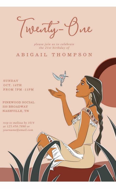 Disney Princess Pocahontas | 21st Birthday Invitation Disney Princess Pocahontas, Princess Pocahontas, 16th Birthday Invitations, 21st Birthday Invitations, Disney Birthday, Sweet 16 Birthday, Sweet Sixteen, 16th Birthday, 21st Birthday