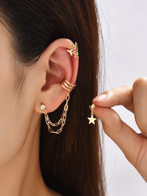 Yellow Gold Fashionable Collar    Sets Embellished   Jewelry Hip Hop Mode, Leaf Ear Cuffs, Gold Chain Earrings, Ear Chain, Star Chain, Alloy Earrings, Ear Cuff Earings, Star Earrings Stud, Estilo Punk