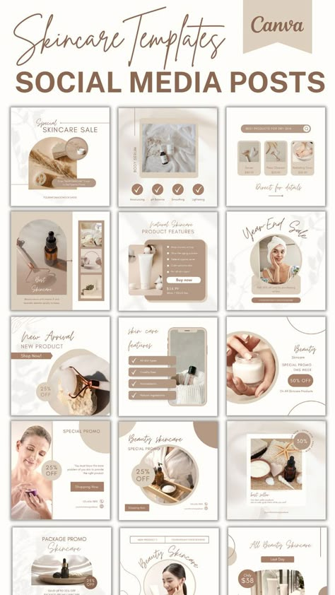 This is the new Beauty Skincare Templates, made and fully editable with Canva. In this interface you can work with the design in a simple way, editing all the elements you want and adjusting it to your needs. Ideal to promote and boost your Social Media. Inmobiliaria Ideas, Skincare Business, Instagram Design Layout, Ig Feed Ideas, Skincare Instagram, Instagram Branding Design, Instagram Feed Planner, Instagram Feed Layout, Instagram Template Design