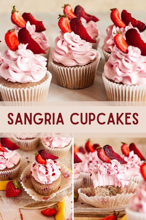 Easy and delicious sangria cupcakes full of fresh, fruity, and fun sangria flavor! Perfect for a summer bbq or patio party. Summer Flavor Cupcakes, Bachelorette Dessert Ideas, Summer Cupcakes Ideas, Sangria Cupcakes, Bachelorette Desserts, Liquor Cupcakes, Bachelorette Party Desserts, Boozy Cupcakes Recipes, Infused Desserts