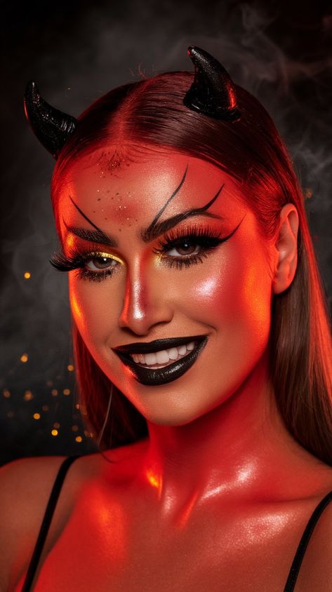 Dive into the depths of glam with this stunning devil-inspired makeup look! Featuring a radiant red base, mesmerizing smoky orange eyes, and daring black lips, this tutorial will guide you step-by-step to channel your fierce side. Complete with devil horns and fiery accents, you’ll be the center of attention at any Halloween bash! Devil Inspired, Orange Eyes, Devil Horns, Radiant Red, Halloween Bash, Inspired Makeup, Black Lips, Makeup Inspo, Halloween Makeup