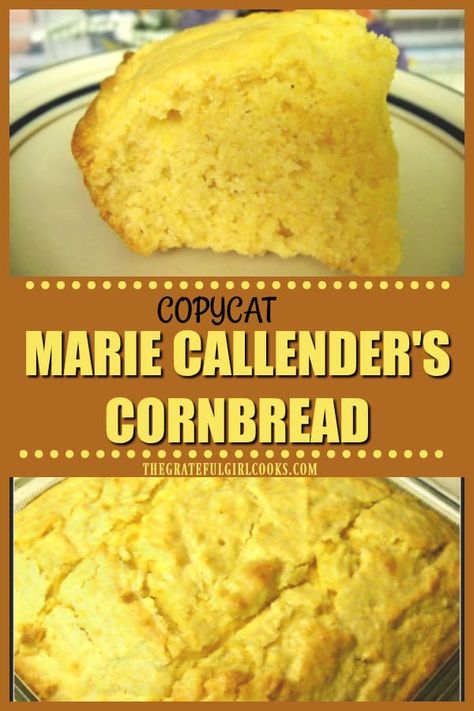 It's EASY and quick to make and bake this copycat version of Marie Callender's restaurants famous cornbread! Perfect side dish for soup, salad, or main course. / The Grateful Girl Cooks! Marie Calendars Cornbread Mix Recipes, Marie Callender’s Cornbread, Montanas Restaurant Cornbread Recipe, Copycat Cornbread Recipes, Marie Calendars Cornbread Recipe, Marie Callendars Cornbread Recipe, Marie Calendars Cornbread, Marie Calendar Cornbread Recipe, Side Dish For Soup