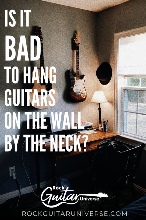 Considering to hang your guitars on the well? Probably you wonder if it is bad or not? Check the following article for in-depth information whatever it is harmful to hang your guitars and what you should be aware of when doing so. #guitar #guitartips #guitarhanger Hang Guitar On Wall, Guitar Hanging Ideas, Guitars On The Wall, Guitar Room Decor, Room Aesthetic Grunge, Room Aesthetic Dark, Ukulele Wall Mount, Music Room Office, Hanging Guitars