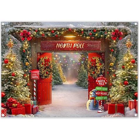 Background Family, Wooden Barn Doors, Santa North Pole, Holiday Party Decor, Christmas Backdrop, Wooden Barn, Christmas Backdrops, Tree Photography, Santa Sleigh