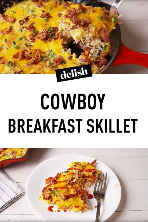 This Cowboy Breakfast Skillet Will Teach Your Breakfast A New Trick  - Delish.com Breakfast Scramble Skillet, Cowboy Breakfast Skillet, Cowboy Skillet, Cowboy Breakfast, Skillet Breakfast, Bake Breakfast, Breakfast Skillet Recipes, Breakfast Scramble, Skillet Bread