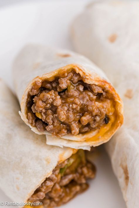 Best Beef Bean And Cheese Burritos, Best Burrito Recipe Beef, How To Make Beef Burritos, Cheesy Beef And Bean Burritos, Easy Burrito Recipe Beef, Freezer Beef Burritos, Best Ground Beef Burrito Recipe, Beef Bean Burritos Easy Recipes, Hamburger Meat Burrito Recipes