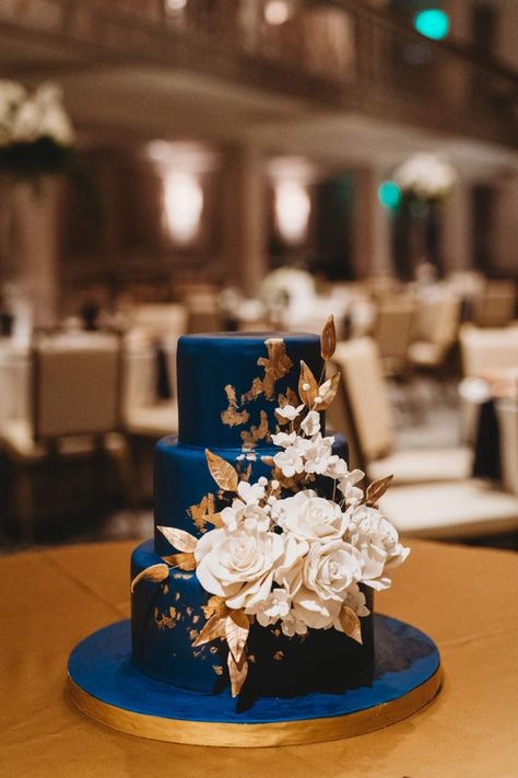 Blue Gold Wedding Cake, Blue And Gold Cake, Midnight Blue Wedding, Navy Gold Wedding, Whimsy Flowers, Blue Wedding Cake, Navy Blue And Gold Wedding, Sparkle Cake, Rose Gold Wedding Cakes