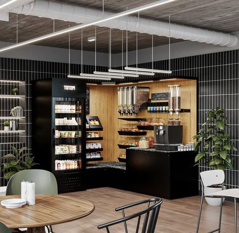 Modern Warehouse Design, Office Coffee Station, Coffee Corners, Office Coffee Bar, Snack Station, Starbucks Design, Office Snacks, Coin Café, Office Pantry