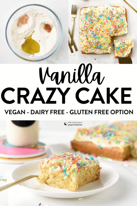 This Vanilla Wacky Cake is the most easy 1-bowl vanilla cake recipe ever! Plus, it's naturally egg-free, dairy-free and so a naturally vegan vanilla cake that take barely 10 minute to prepare. Gluten Dairy Egg Soy Nut Free Recipes Easy, Egg Free Vanilla Cake, Vanilla Wacky Cake Recipe, Vanilla Wacky Cake, Vanilla Crazy Cake Recipe, Allergen Free Cake, Vanilla Crazy Cake, Dairy Free Vanilla Cake, Dairy Free Birthday Cake