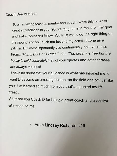 Goodbye Letter To Coach, Letters To Coaches Thank You, Thank You Letter To Coach, Goodbye Letters To Teacher, Senior Night Speech Ideas Sports, Senior Speech Ideas Sports, Coach Appreciation Quotes, Softball Coach Quotes, Softball Letters