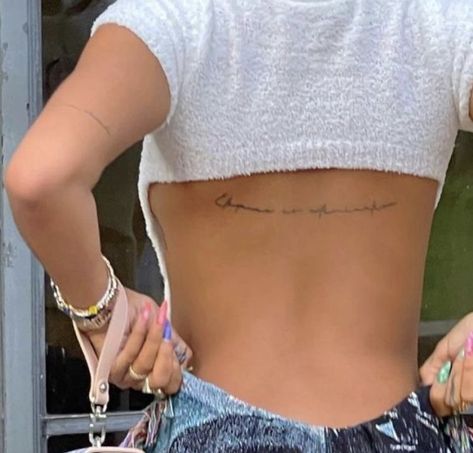 Back Tattoo Women Horizontal, Horizontal Back Tattoo Women, Horizontal Back Tattoo, Back Script Tattoo, Dainty Back Tattoos For Women, Classy Tramp Stamp, Small Tramp Stamp Tattoos, Small Back Tattoos, Bum Tattoo