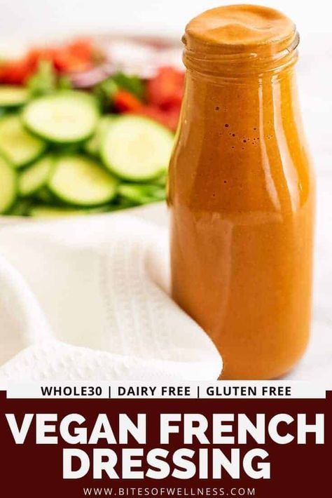 Healthy French dressing recipe is so easy to make and is naturally sugar free and so simple! This creamy, bold dressing is naturally gluten free, dairy free, vegan, paleo and Whole30 friendly! Perfect on salads or pasta salad, as a creamy dip or even as a marinade for chicken. Homemade French Dressing, Dairy Free Salad Dressing, Dairy Free Ranch Dressing, Easy Gluten Free Recipes, Dairy Free Salads, Vegan French, Vegan Salad Dressing, Vegan Dressing, Paleo Salads