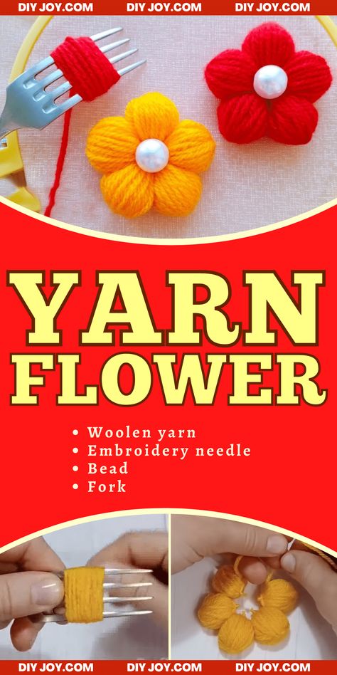 Yarn Daisy Diy, Crafts To Make Out Of Yarn, How To Make Yarn Flowers, Knitting Flowers Easy, Fork Flowers Craft, No Sew Yarn Crafts, Yarn Flowers Diy Simple, Yarn Flowers Diy How To Make, Quick Yarn Crafts