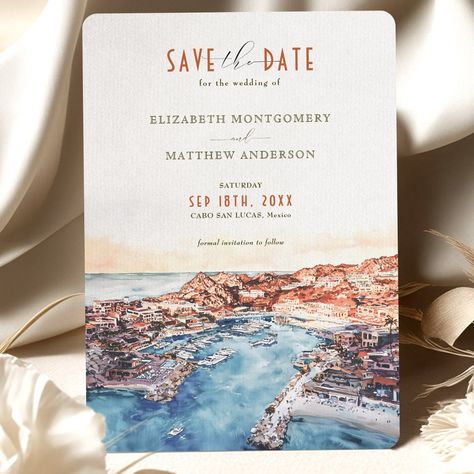 Set the tone for a memorable destination wedding with this "Save the Date" card, featuring a stunning watercolor illustration of the Cabo San Lucas marina. The artwork captures the vibrant sunset over the harbor, blending warm peach, terracotta, and coral tones with deep blues and aquamarine hues of the water. The card's modern typography, combined with classic script elements, adds a touch of elegance and sophistication, perfect for announcing your special day. Ideal for couples planning a romantic seaside wedding, this invitation evokes the charm and beauty of Baja California's coastal paradise. Mexico Wedding Invites, Cabo Wedding Invitations, Mexico Save The Date, Save The Date Destination, Peach Terracotta, San Lucas Mexico, Cabo Wedding, Cabo San Lucas Mexico, Cabo Weddings