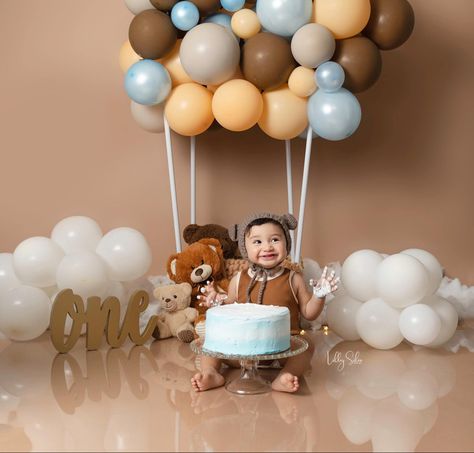 Teddy Bear Theme 1st Birthday Photoshoot, Teddy Bear Smash Cake, Teddy Bear Cake Smash, Bear Cake Smash, Boy Birthday Pictures, Cake Smash Theme, Baby Birthday Photoshoot, Decoration For Party, Baby First Birthday Cake