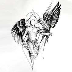 An amazing tattoo sketch of an angel with a raven sitting on his hand. Style: Sketch. Color: Black. Tags: Best, Amazing Bird Tattoo Design, Vogel Tattoo, Sketch Style Tattoos, Kunst Tattoos, Owl Tattoo Design, Angel Tattoo Designs, Geniale Tattoos, Sketch Tattoo Design, Bird Tattoo