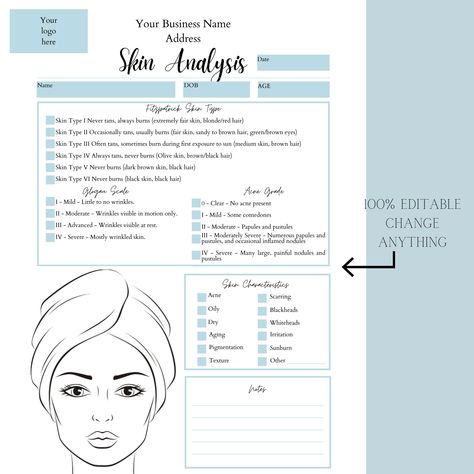 Skin Analysis Forms, Glogau Scale, Esthetician Forms Free, Esthetician Consultation Form, Esthetician Curriculum, Intake Form Esthetician, Skin Consultation Form, Facial Intake Form, Facial Consultation Form