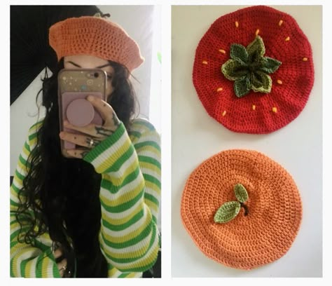 Crochet Strawberry Beret, Crochet Strawberry Clothes, Fruit Hat Crochet, Crochet Fruit Hat, Crochet Beret Free Pattern, Crochet Berets, Crochet Strawberry Hat, Strawberry Beret, Diy Bonnet