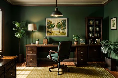 Dark Green Study, Symmetrical Eyes, Green Study, Color In Interior Design, Victorian Office, Vintage Home Offices, Home Office Interior, Dark Green Walls, Rustic Office