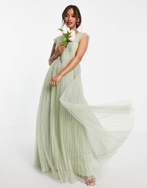 ASOS DESIGN tulle plunge maxi dress with shirred sleeves in sage | ASOS Western Maxi Dress, Green Tulle Dress, Sage Bridesmaid Dresses, Plunge Maxi Dress, Petite Maxi Dress, Sage Green Dress, Sage Dress, Green Tulle, Maid Of Honour Dresses