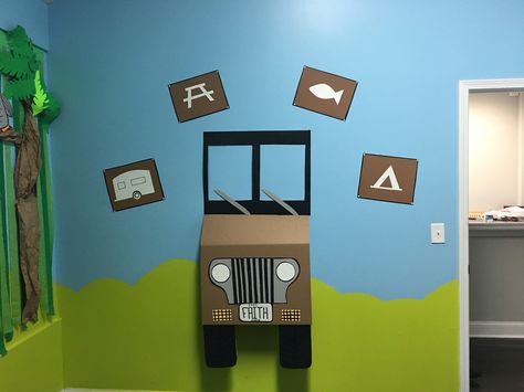 Jeep wall decor School Camping Theme, Jeep Decor, Classroom Doors, Adventure Theme, Room Mom, Camping Theme, Classroom Door, Jungle Theme, Classroom Decor