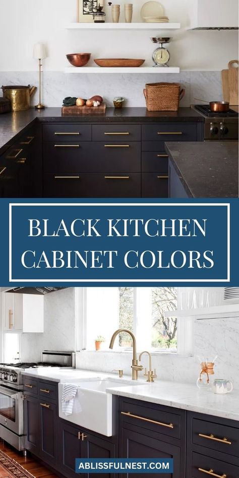 Embrace the dramatic allure of black kitchen cabinet colors and create a space that's both luxurious and inviting. Explore a curated collection of stunning kitchens showcasing the versatility of black cabinets in various design styles. From modern farmhouse to contemporary chic, discover how black can be incorporated to create a truly unique and captivating space. Let these inspiring ideas ignite your creativity! #kitchenremodel #homeideas #blackcabinets Black Bottom Cabinets Kitchen, Soft Black Cabinets Kitchen, Black Cabinets Paint Color, Best Black For Kitchen Cabinets, Kitchens With 2 Colors Of Cabinets, Black And Tan Kitchen Cabinets, Black Kitchen With Black Countertops, Black Brown Kitchen Cabinets, Black Stain Cabinets Kitchen