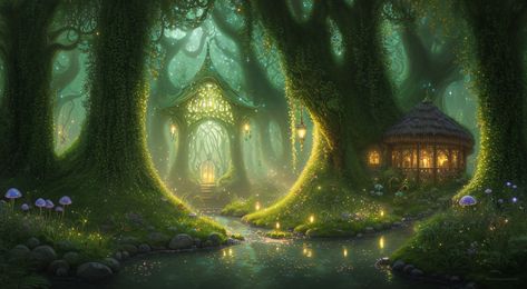 Fantasy Artwork Landscape, Enchanted Forest Fairy, Tangled Wallpaper, Artwork Landscape, Fairy Village, The Enchanted Forest, Forest Fairy, Image Generator, Enchanted Forest