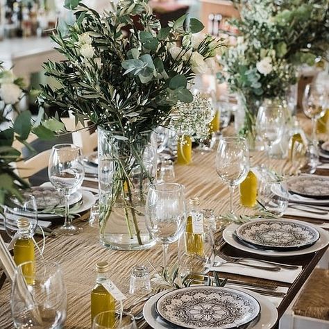 Olive Oil Theme Party, Olive Green And White Table Setting, Olive Floral Arrangements, Olive Bridal Shower Ideas, Provencal Wedding Theme, Olive Wedding Centerpieces, Olive Table Decoration, Mediterranean Wedding Bouquet, Olive Tree Centerpieces Wedding