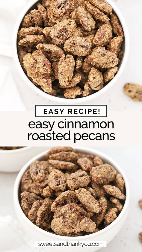 Our old-fashioned cinnamon roasted pecans recipe is so easy to make! You only need 6 ingredients and a few minutes to get started! homemade cinnamon pecans / cinnamon sugar pecans recipe / cinnamon sugar candied pecans / roasted cinnamon pecans / cinnamon sugar roasted pecans / Sugar Roasted Pecans, Cinnamon Roasted Pecans, Pecans Candied, Pecans Roasted, Roasted Pecans Recipe, Gluten Free Desserts Thanksgiving, Snack Pairings, Cinnamon Sugar Pecans, Sugar Pecans