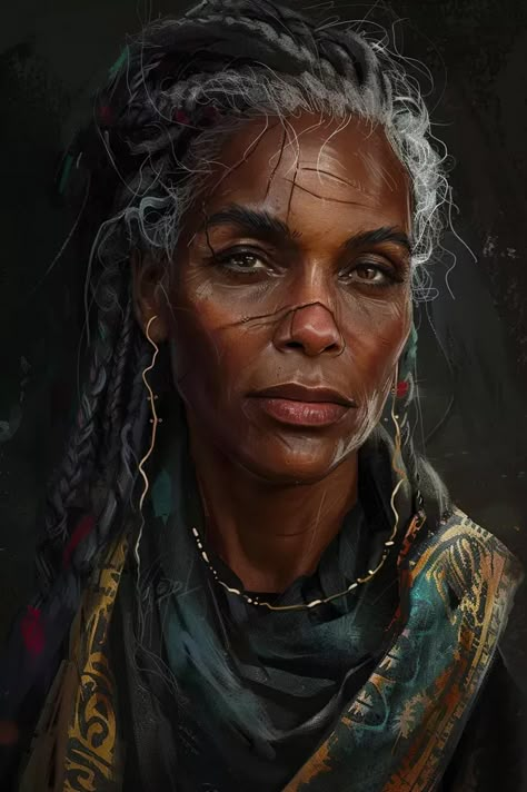 The image is a portrait of a woman. She has dark skin and gray hair. Her hair is braided and she is wearing a scarf around her neck. The woman has a serious expression on her face. She is looking at the viewer with her dark eyes. The background is dark and out of focus. Black Woman Hair, Older Female Character Inspiration, Character Inspiration Female, Black Female Character Inspiration, Human Female Dnd, Black Literature, Black Royalty, Character And Setting, Writing Art