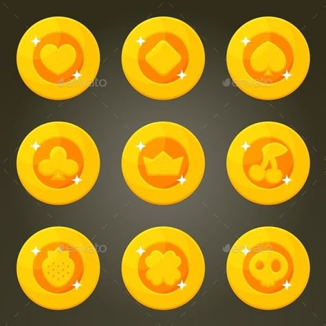 Cartoon Gold Coins With Casino Emblems Object Typography, Puzzle Game Ui, Objects Illustration, Coin Frame, Coin Icon, Coin Games, 2d Game Art, Coin Design, Game Icons