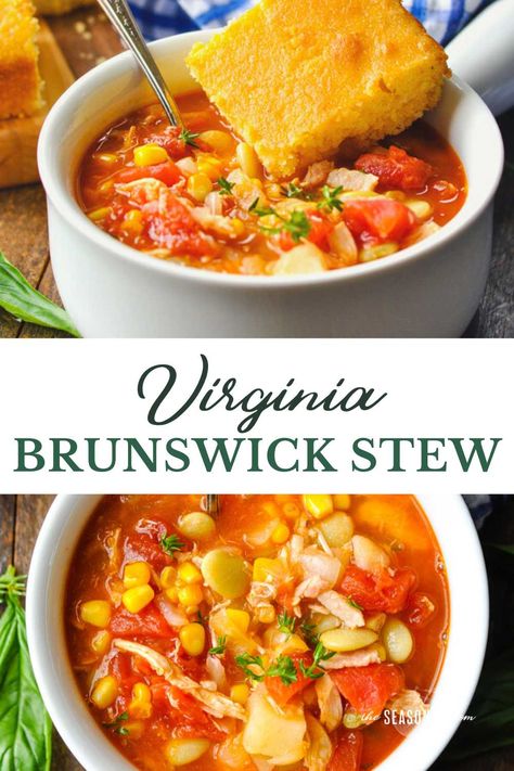 A pride and joy of Virginia culture, Brunswick stew is a Southern classic that has been enjoyed for hundreds of years! The chicken and tomato-based dish is full of corn, potatoes, and beans for a hearty, satisfying, and delicious meal. Virginia Brunswick Stew Recipe, Brunswick Stew Recipe Easy, Brunswick Stew Recipe Georgia, Homemade Brunswick Stew Recipe, Chicken Brunswick Stew Recipe, Recipe For Brunswick Stew, Best Brunswick Stew Recipe, Brunswick Stew Recipe, Stew Recipes Crockpot