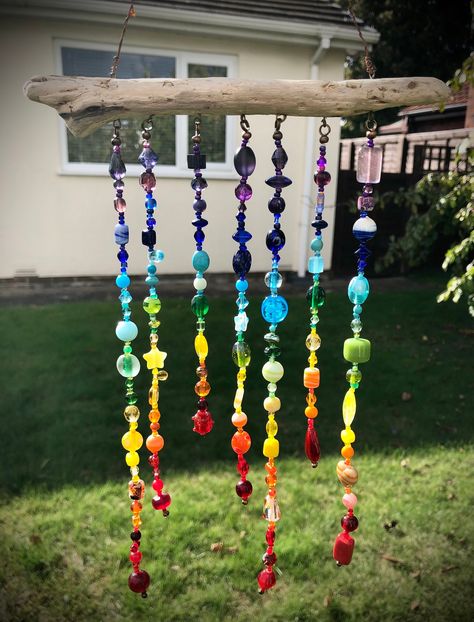 Beaded Wind Chimes Diy Sun Catcher, Chakra Crafts Diy, Chakra Crafts, Chimes Diy, Driftwood Wind Chime, Wind Chimes Homemade, Healing Room, Coaster Pattern, Diy Wind Chimes