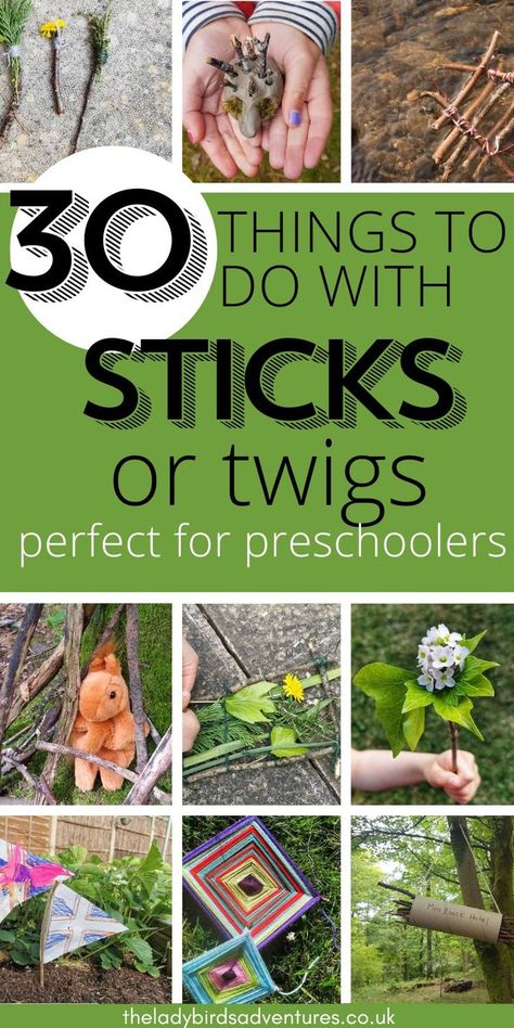 Green box with text that reads 30 things to do with sticks or twigs, perfect for preschoolers. Lots of photos of stick activities Crafts With Sticks And Twigs, Crafts With Sticks, Ideas For Kids Activities, Stick Activities, Nature Based Preschool, Outdoor Nature Activities, Kids Nature Activities, Nature Crafts Kids, Kids Outdoor Playground