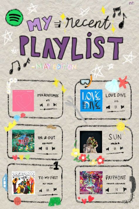 some songs from my recent playlist Music Playlist Graphic Design, Spotify Inspired Design, Playlist Design Ideas, My Playlist Journal, Playlist Graphic Design, Playlist Collage, Music Zine, Playlist Design, Playlist Art